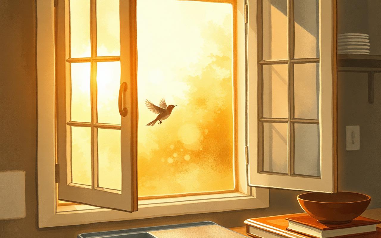 A small sparrow flying out of an open kitchen window into golden afternoon light.