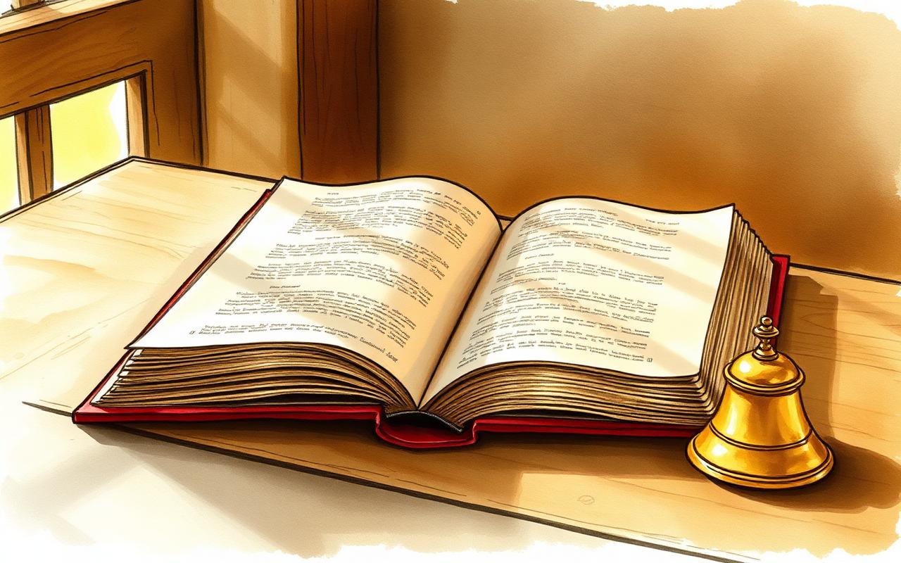 An open antique book on a wooden table, golden morning light over its pages, a small brass bell beside it.