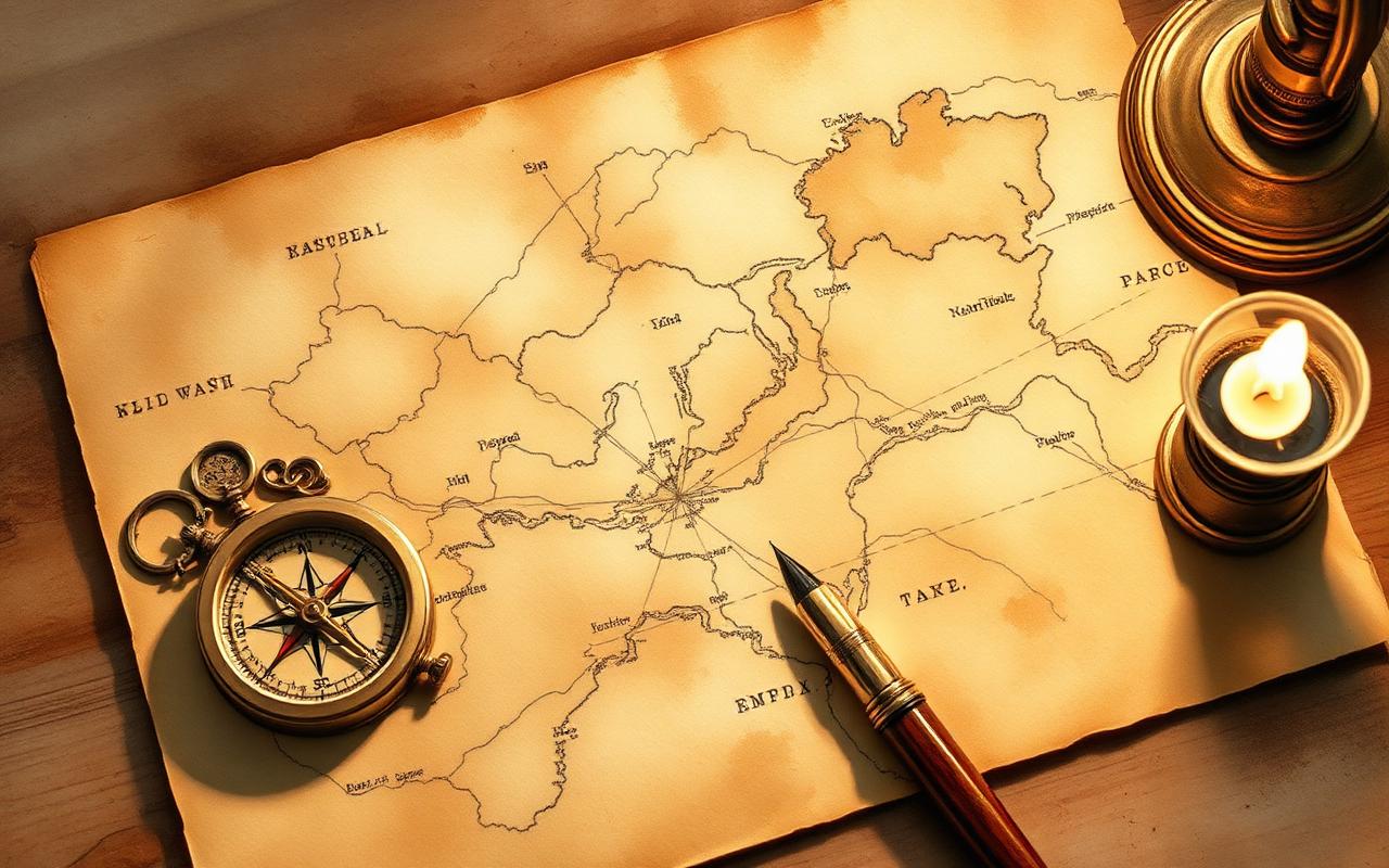 An old worn map with a brass compass and a fountain pen on aged paper.