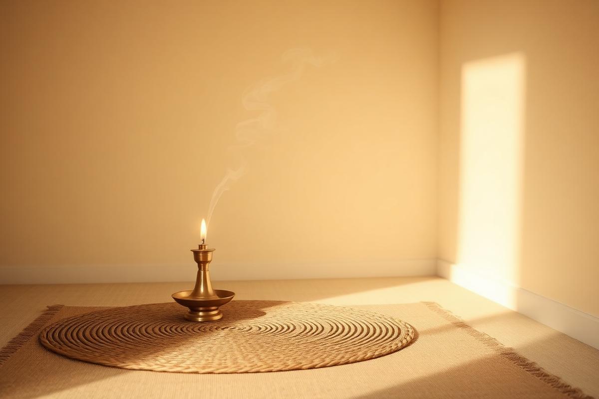 A small brass lamp burning on a woven mat in an empty room at dawn.