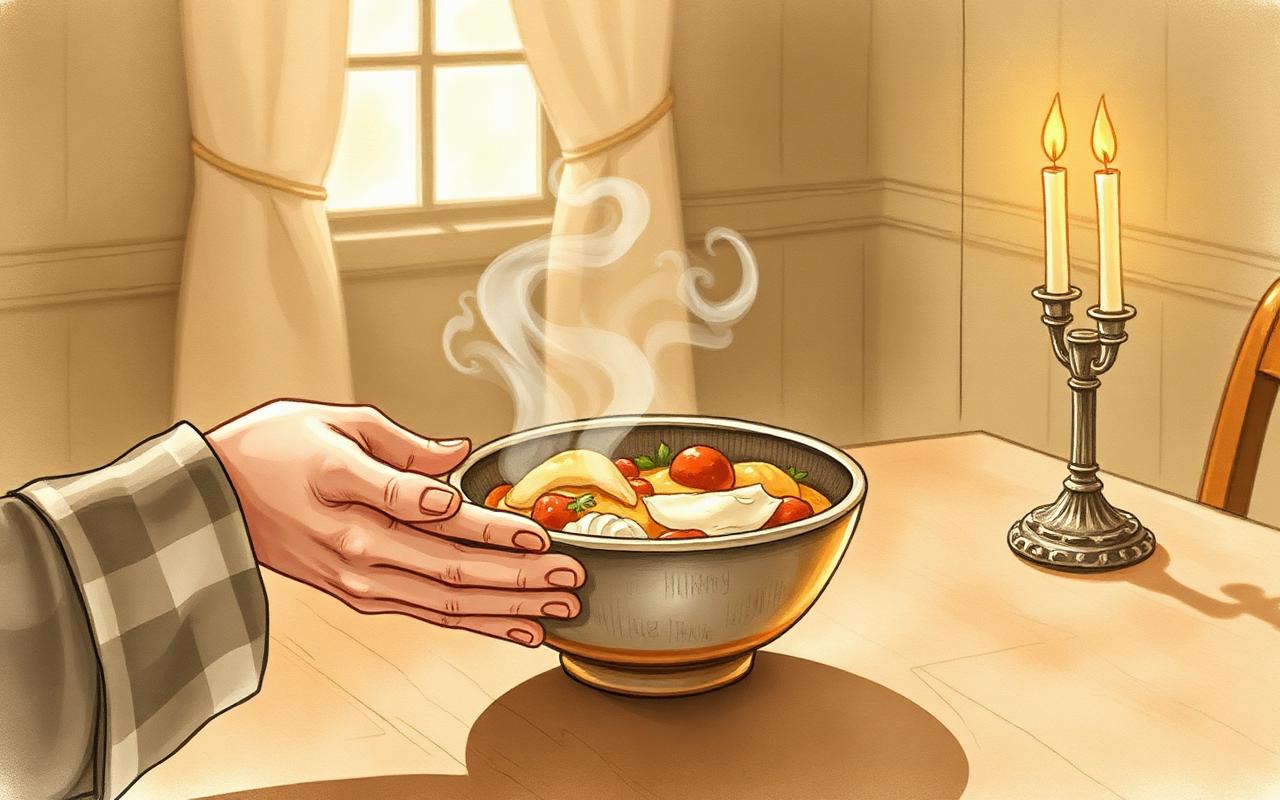 Two hands offering a steaming bowl of food across a wooden table by candlelight.