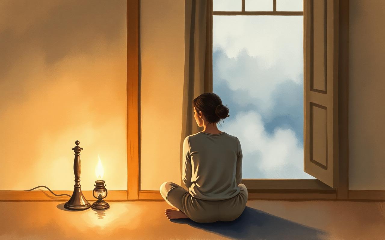 A person seated cross-legged at dawn beside a softly glowing oil lamp.