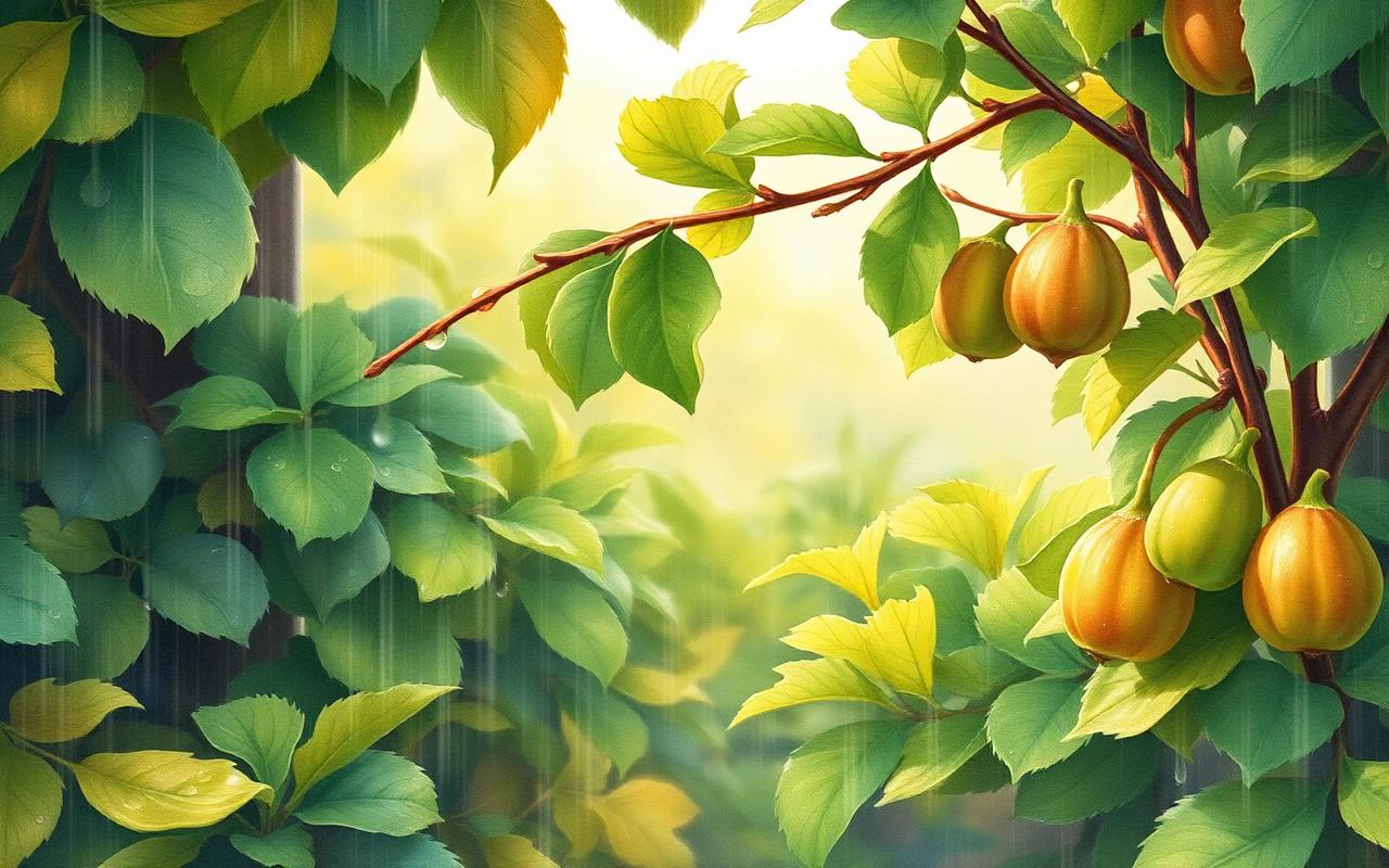 A small lush garden after rain, water droplets on green leaves and ripening fruit.